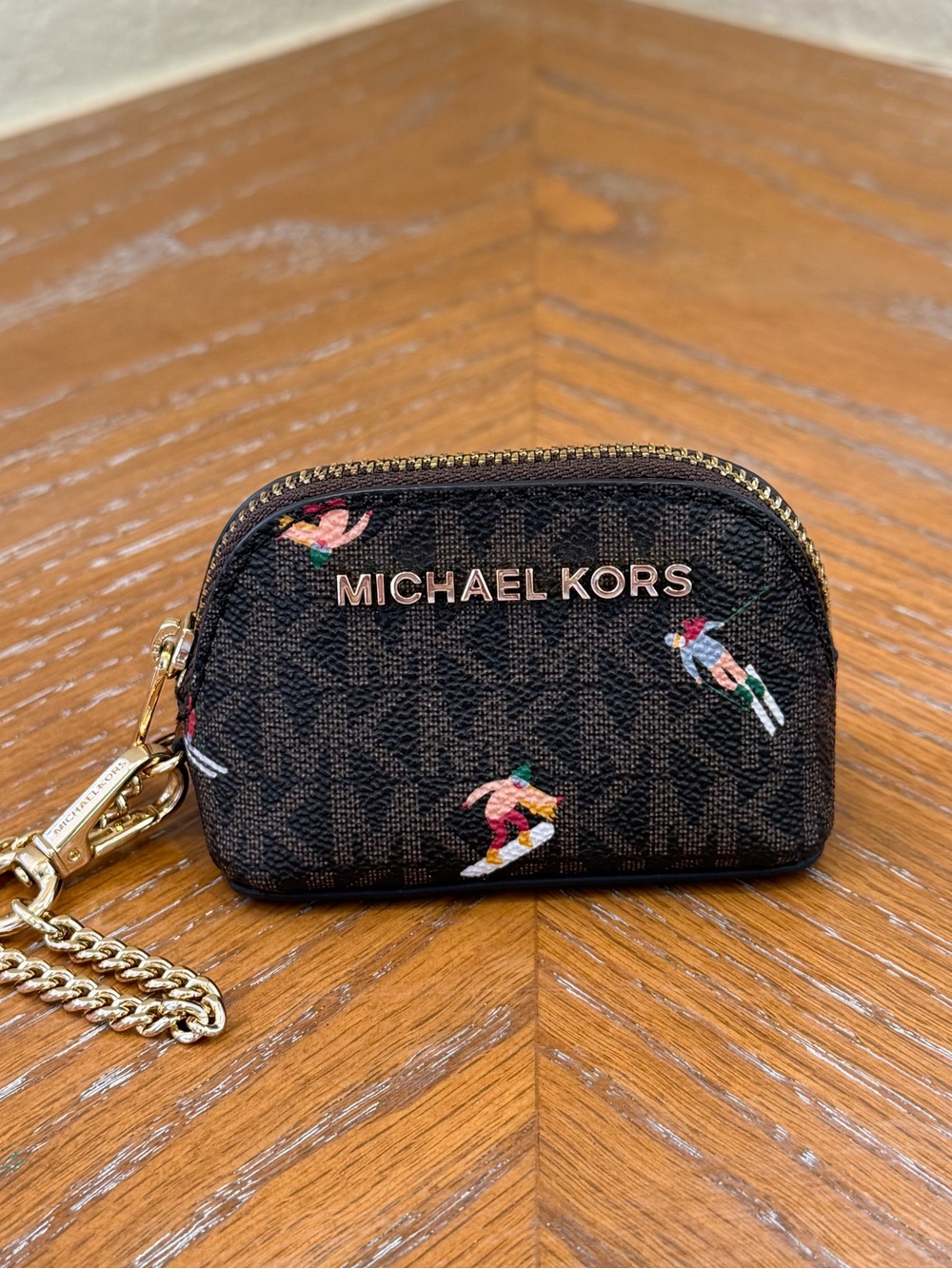 Michael Kors Brown Multi Ski Motif Coin Purse Pouch Key Fob RARE $118
